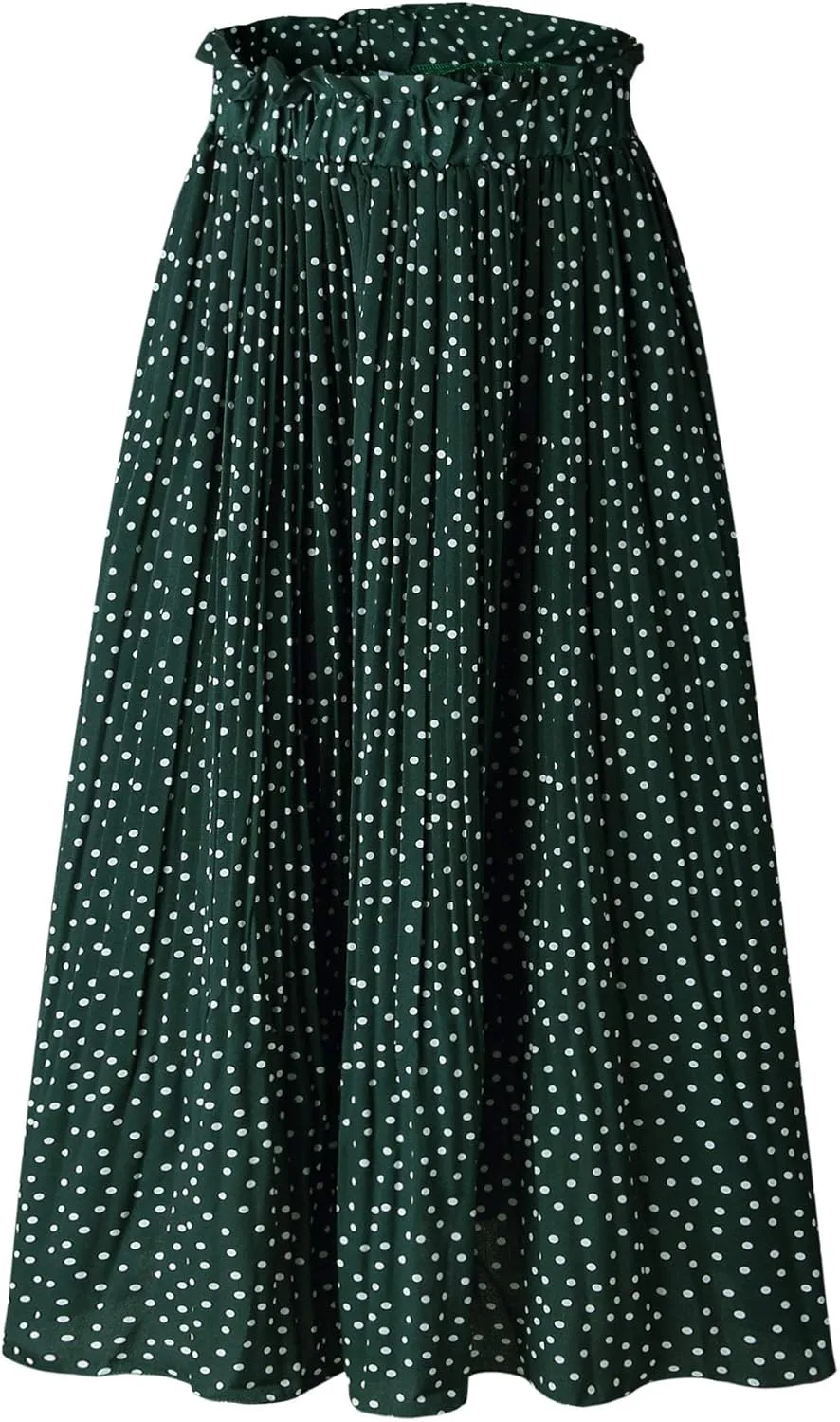 Womens Elegant High Elastic Waist Polka dot Print Pleated Midi Skirt with Pockets