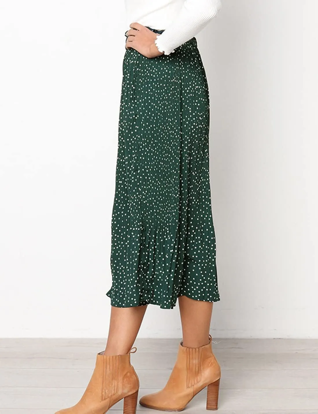 Womens Elegant High Elastic Waist Polka dot Print Pleated Midi Skirt with Pockets