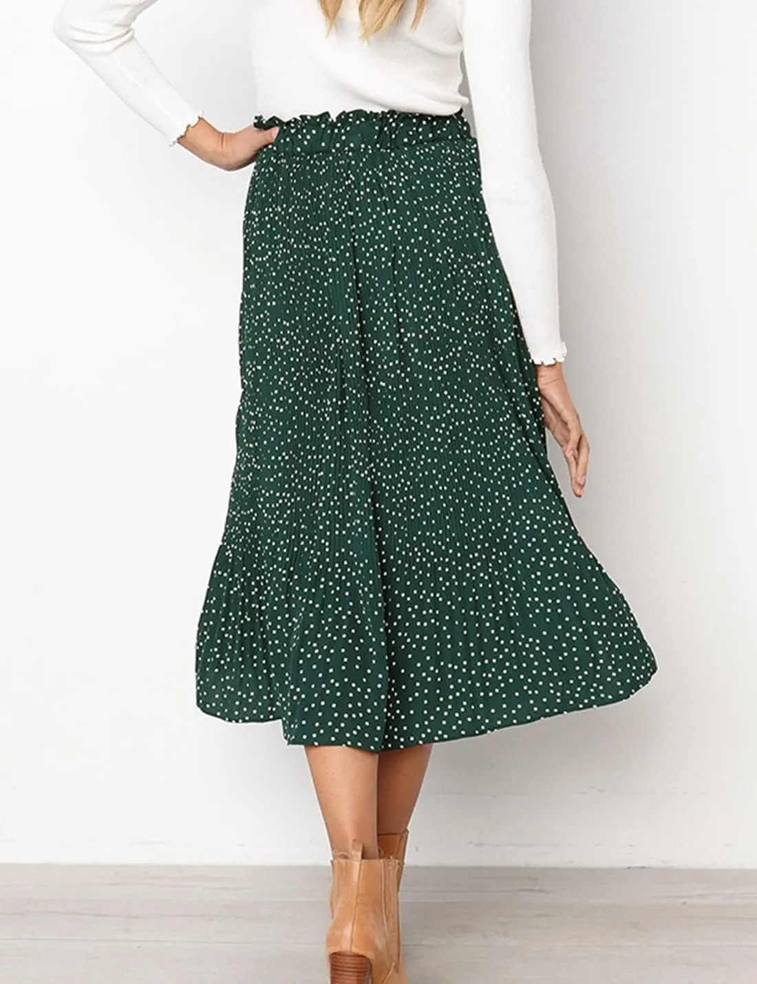 Womens Elegant High Elastic Waist Polka dot Print Pleated Midi Skirt with Pockets