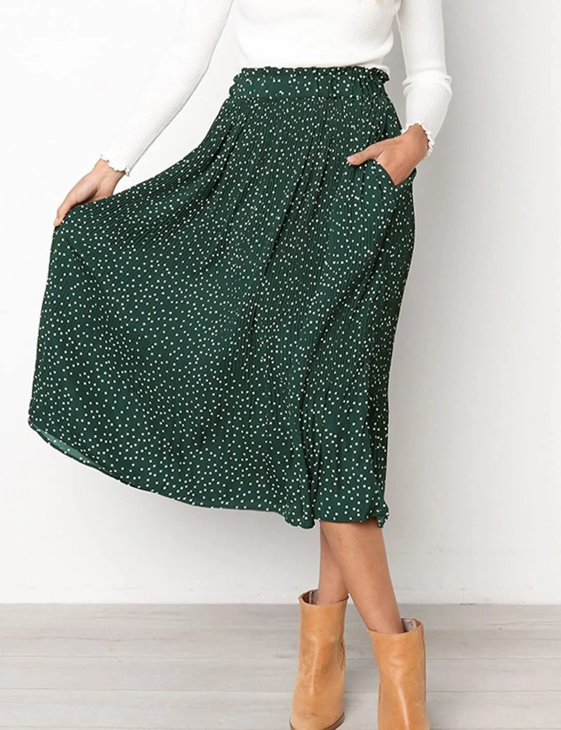 Womens Elegant High Elastic Waist Polka dot Print Pleated Midi Skirt with Pockets