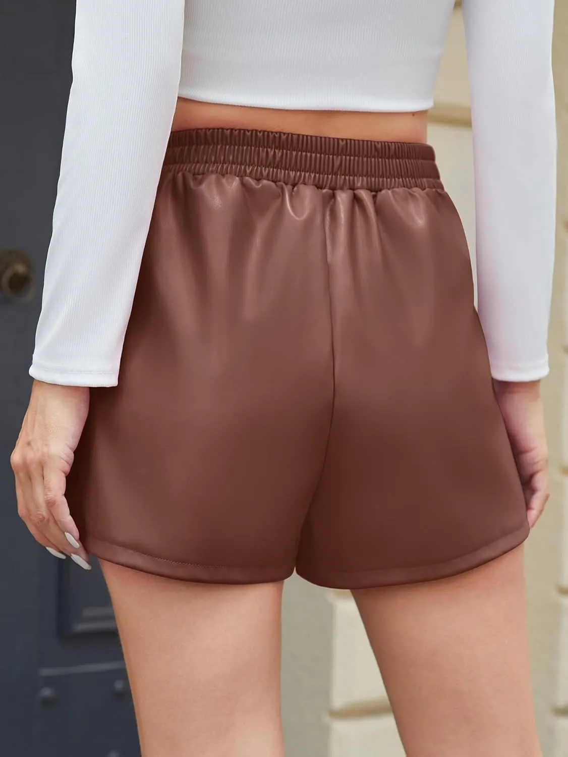 Women's Faux Leather Skorts High Waisted PU Leather Shorts Elastic Waist Ruched Wrap Skorts Skirts