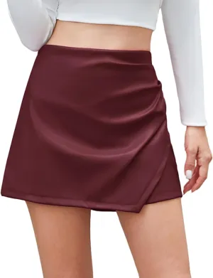 Women's Faux Leather Skorts High Waisted PU Leather Shorts Elastic Waist Ruched Wrap Skorts Skirts