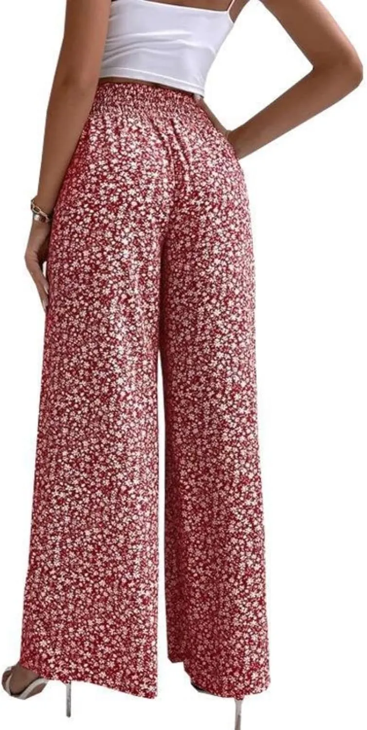 Womens Floral Print Pants High Waisted Tummy Control Trousers Wide Leg Long Lounge Pant Fashion Comfy Summer Trouser