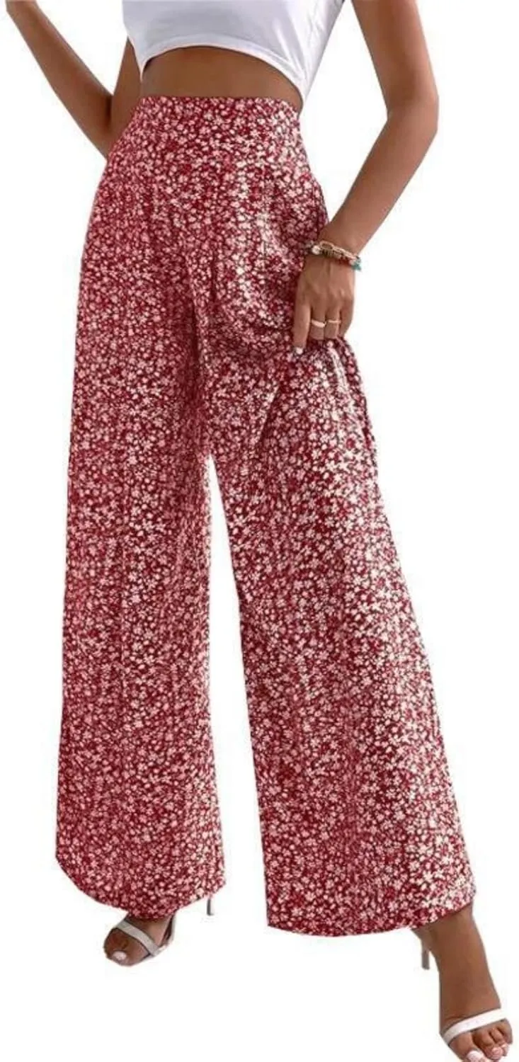 Womens Floral Print Pants High Waisted Tummy Control Trousers Wide Leg Long Lounge Pant Fashion Comfy Summer Trouser