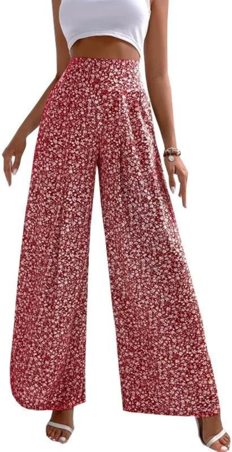 Womens Floral Print Pants High Waisted Tummy Control Trousers Wide Leg Long Lounge Pant Fashion Comfy Summer Trouser