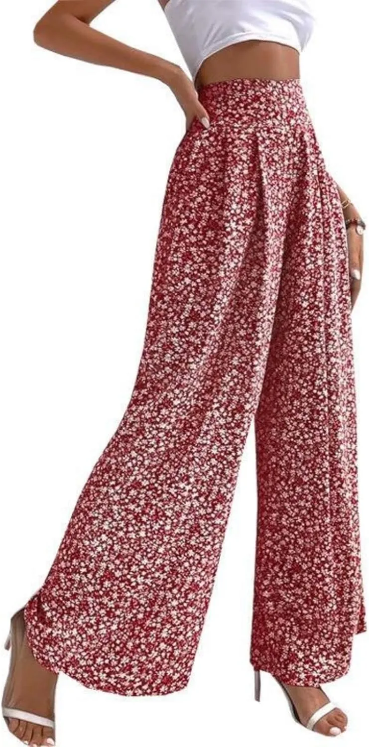 Womens Floral Print Pants High Waisted Tummy Control Trousers Wide Leg Long Lounge Pant Fashion Comfy Summer Trouser