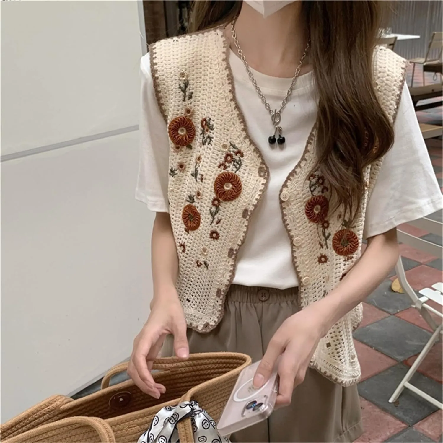 Womens Floral Print Sweater Vest Sleeveless V Neck Vintage Button Front Cardigan Crochet Crop Knit Vest Top