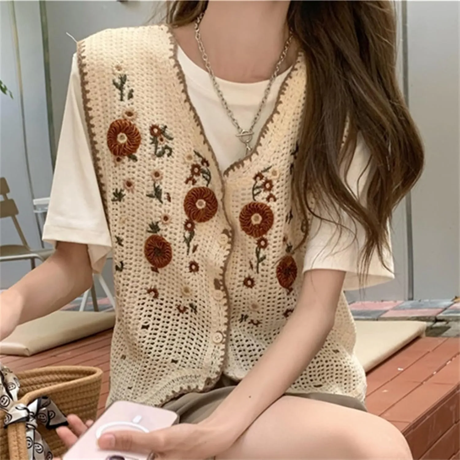 Womens Floral Print Sweater Vest Sleeveless V Neck Vintage Button Front Cardigan Crochet Crop Knit Vest Top