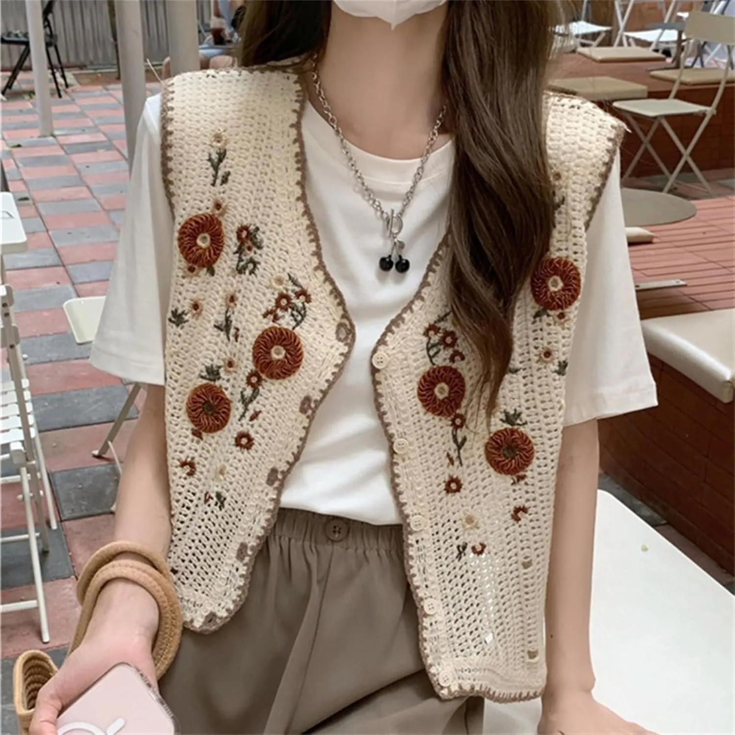 Womens Floral Print Sweater Vest Sleeveless V Neck Vintage Button Front Cardigan Crochet Crop Knit Vest Top