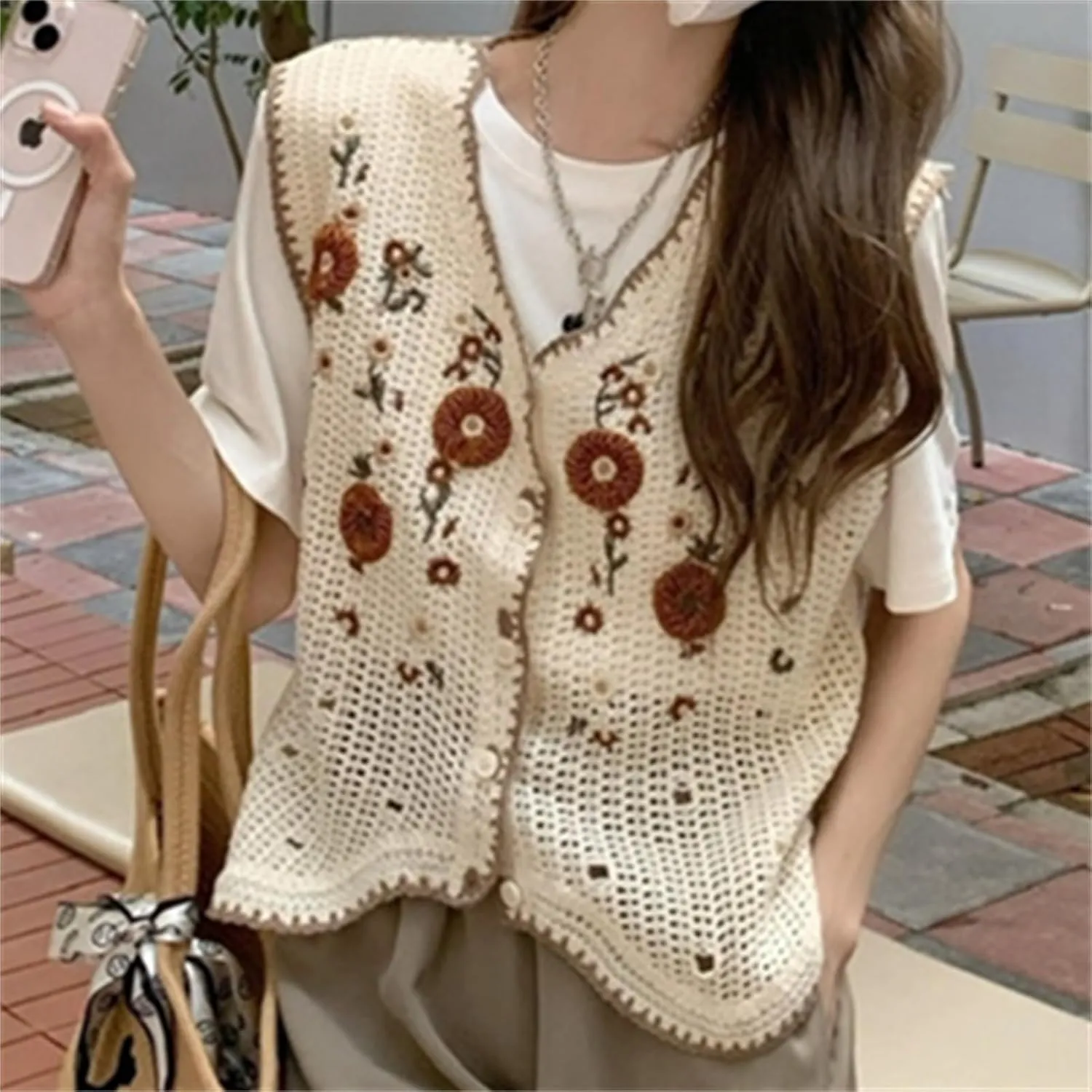 Womens Floral Print Sweater Vest Sleeveless V Neck Vintage Button Front Cardigan Crochet Crop Knit Vest Top
