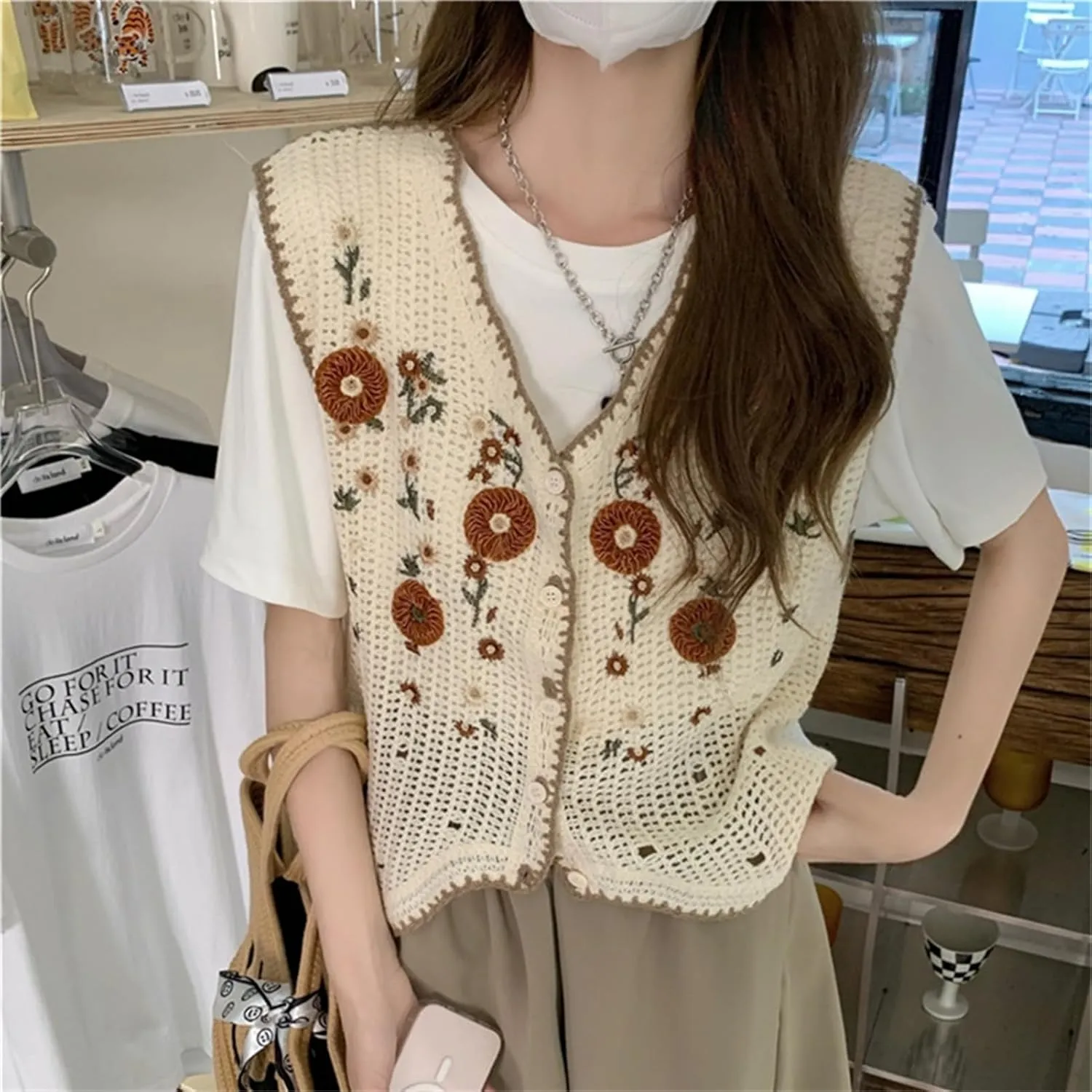 Womens Floral Print Sweater Vest Sleeveless V Neck Vintage Button Front Cardigan Crochet Crop Knit Vest Top