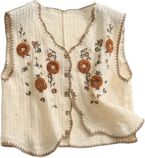 Womens Floral Print Sweater Vest Sleeveless V Neck Vintage Button Front Cardigan Crochet Crop Knit Vest Top