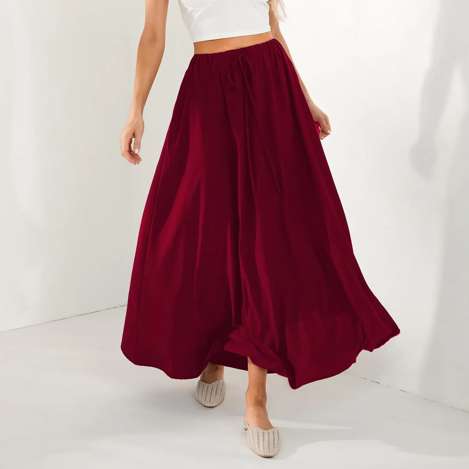 Womens Flowy Maxi Skirt Vintage Floral Print High Waist Elastic A Line Boho Beach Holiday Long Skirts