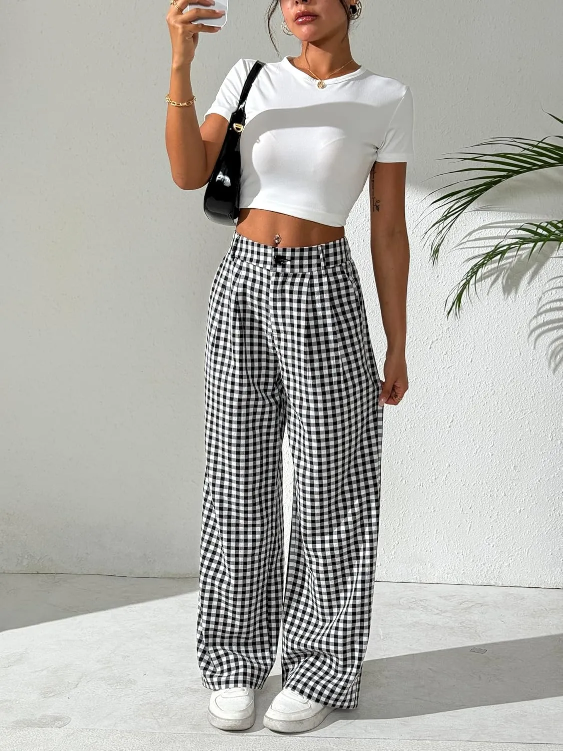 Women's Gingham Plaid Pants Summer High Waisted Wide Leg Pants Beach Casual Trouser