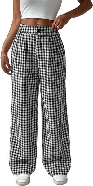 Women's Gingham Plaid Pants Summer High Waisted Wide Leg Pants Beach Casual Trouser