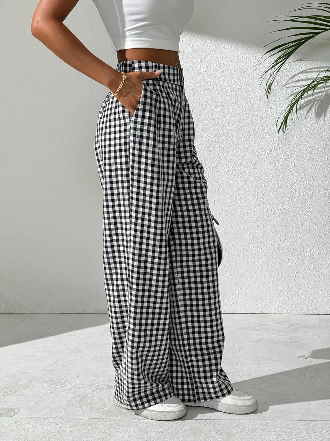Women's Gingham Plaid Pants Summer High Waisted Wide Leg Pants Beach Casual Trouser