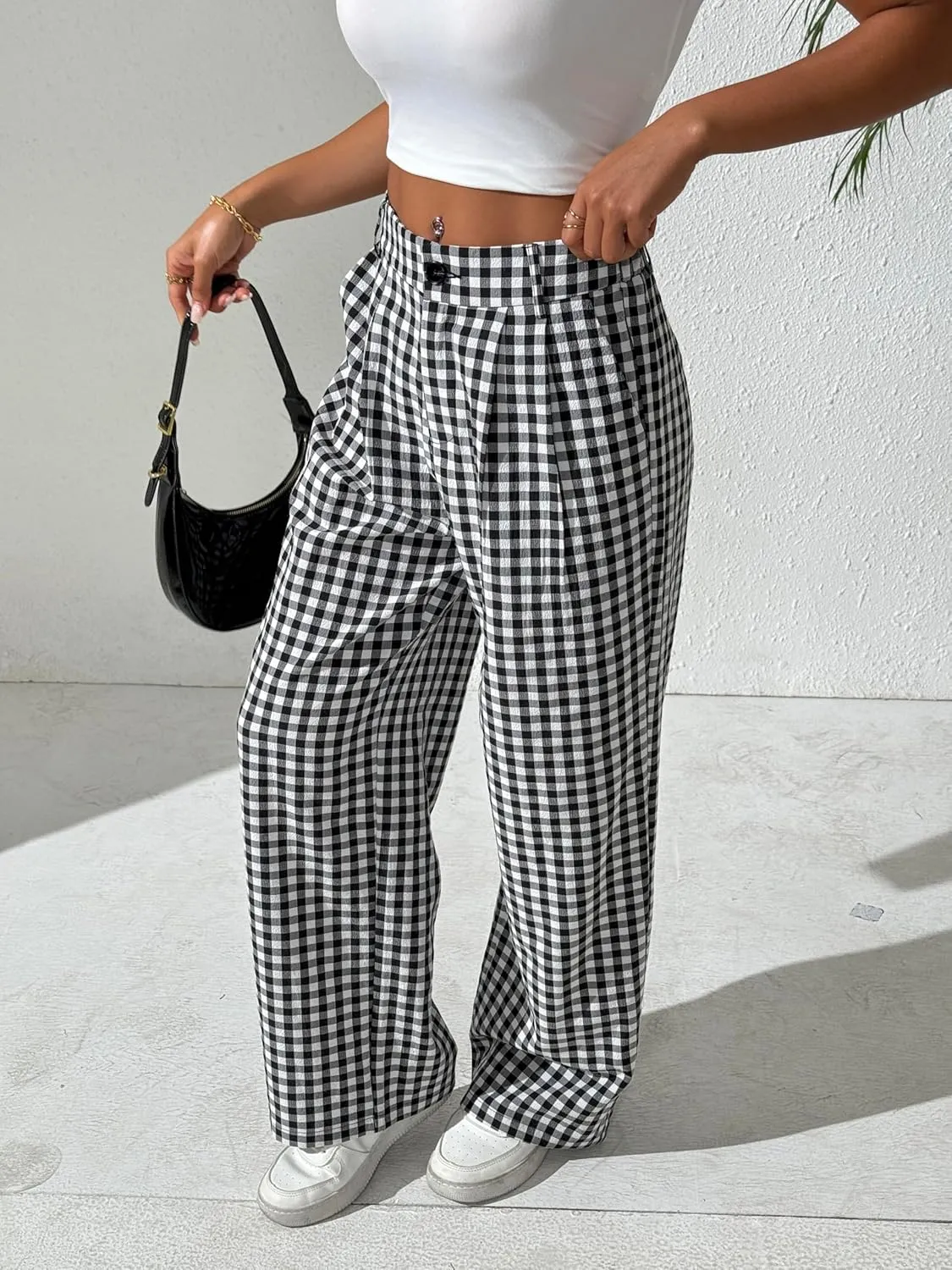 Women's Gingham Plaid Pants Summer High Waisted Wide Leg Pants Beach Casual Trouser