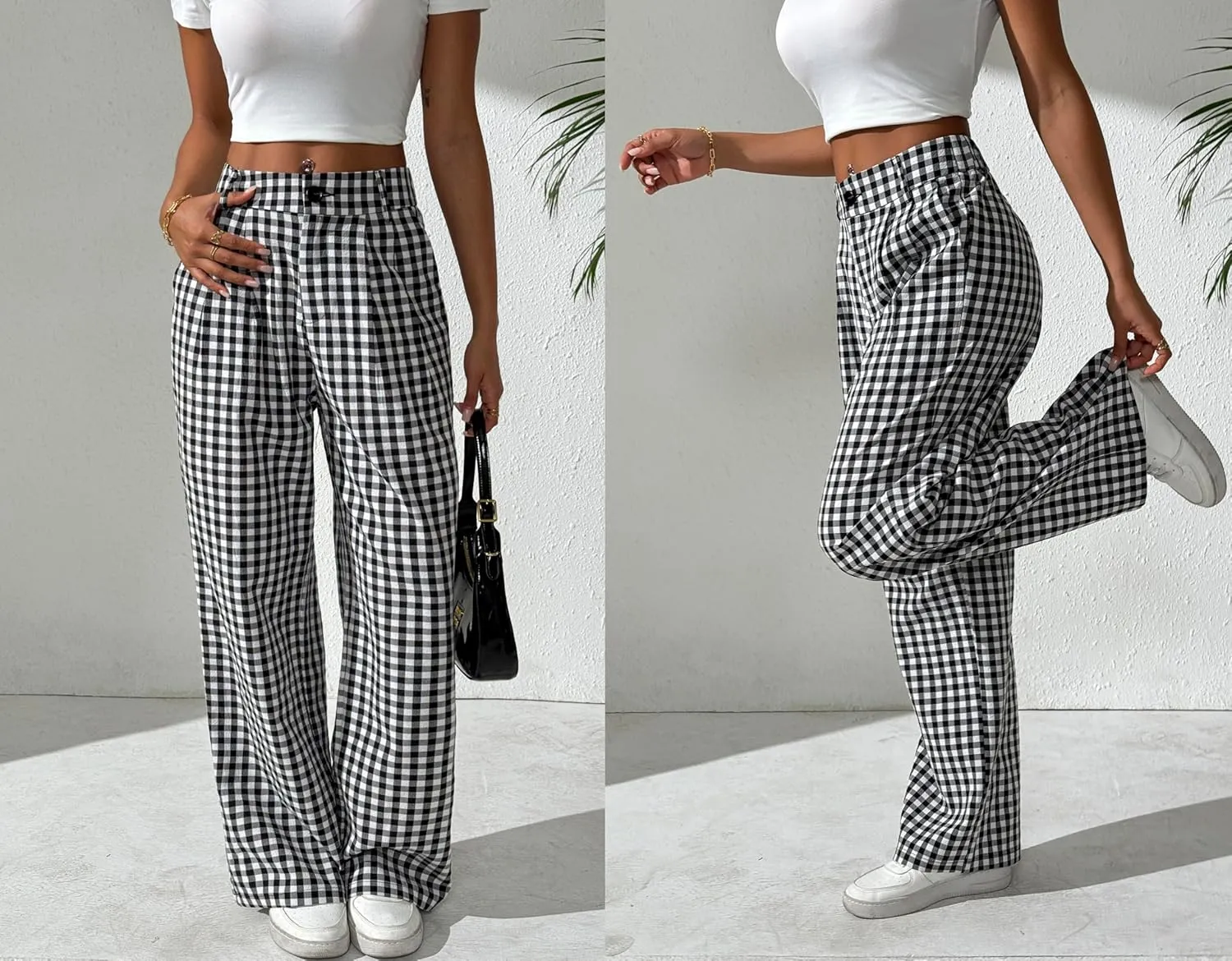 Women's Gingham Plaid Pants Summer High Waisted Wide Leg Pants Beach Casual Trouser