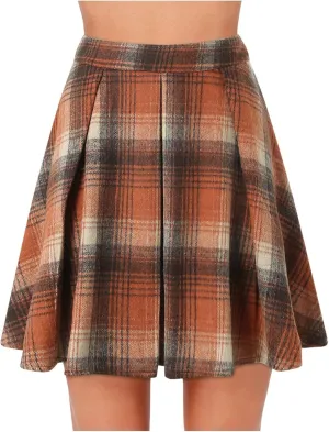 Womens High Waist Plaid Skirt A-line Printed Pleated Flared Midi Skirts Midi Skirt with Back Zipper for Party
