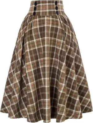 Women's High Waist Vintage Long Skirts Plaid Elegant Elastic Waist Pleated A-Line Casual Midi Skirt
