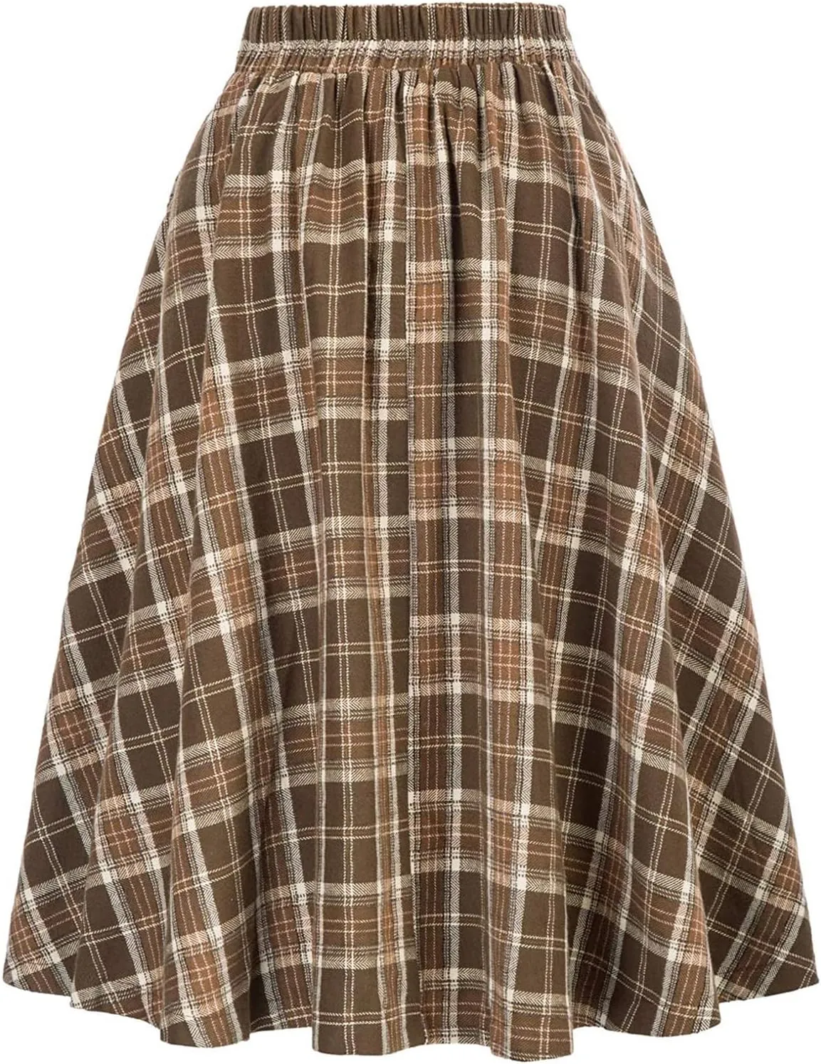 Women's High Waist Vintage Long Skirts Plaid Elegant Elastic Waist Pleated A-Line Casual Midi Skirt