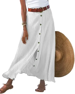 Womens Linen Button Down High Waist A Line Long Skirt Flowy Lightweight Slit Beach Maxi Skirt