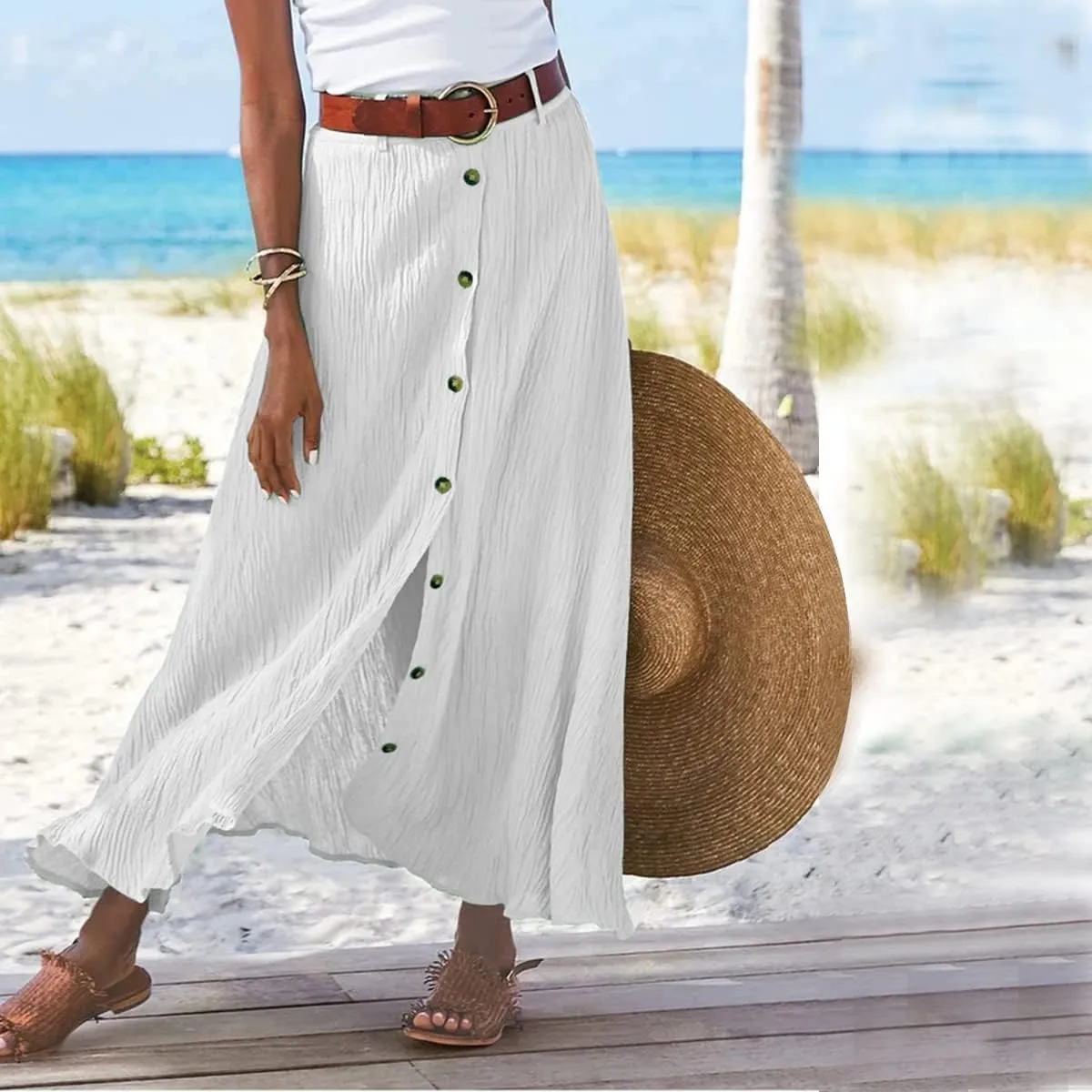 Womens Linen Button Down High Waist A Line Long Skirt Flowy Lightweight Slit Beach Maxi Skirt