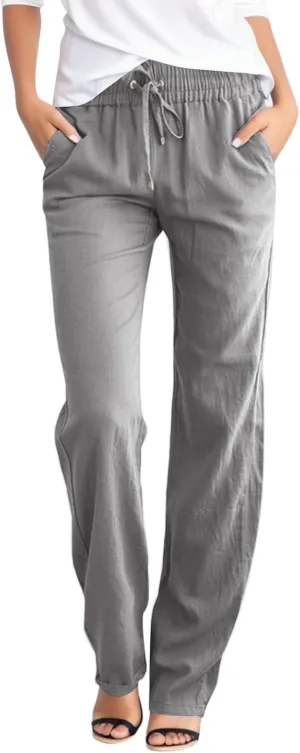 Women's Linen Palazzo Pants Summer Casual Dressy Linen Straight Trousers for Women Comfy Soild Long Pants with Pockets