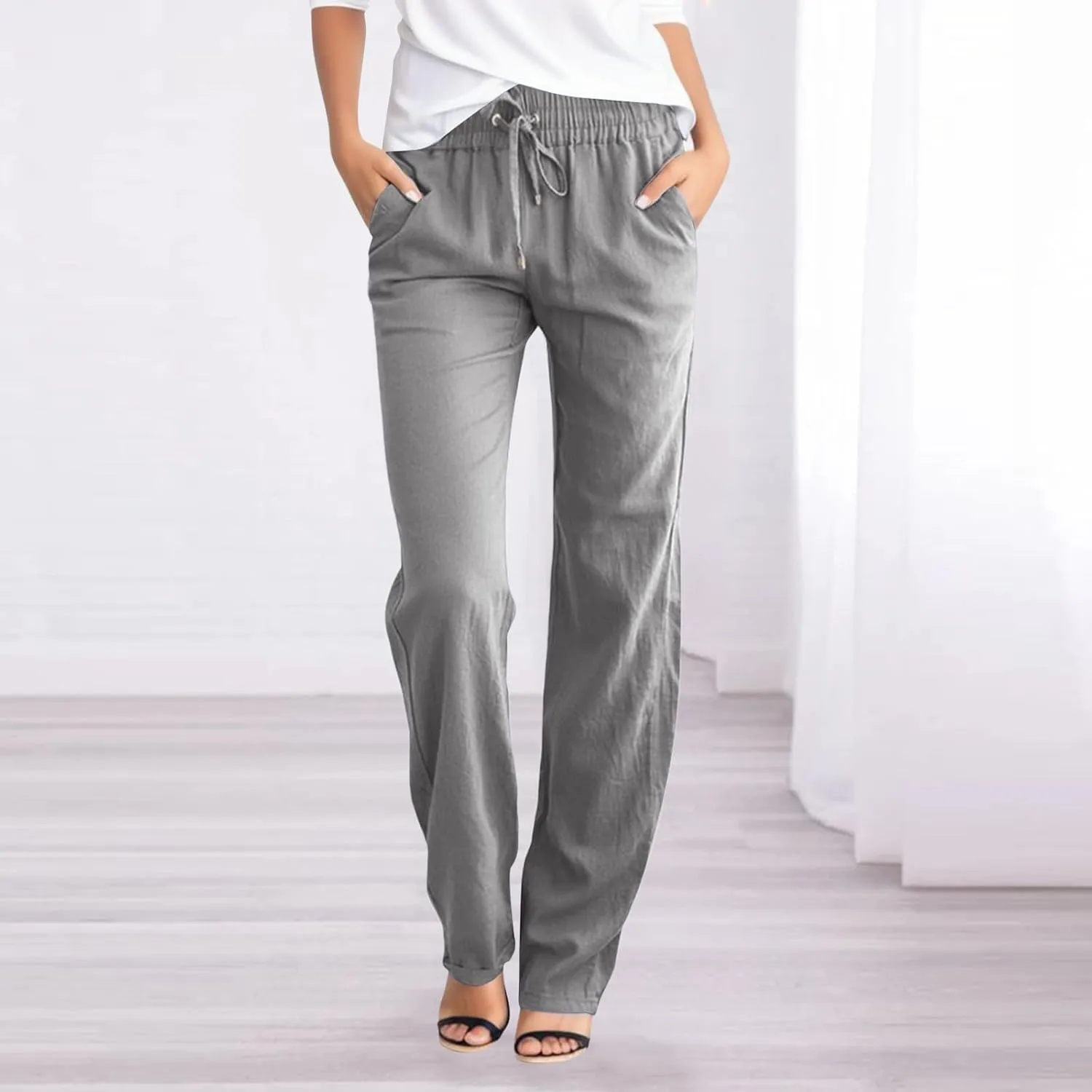 Women's Linen Palazzo Pants Summer Casual Dressy Linen Straight Trousers for Women Comfy Soild Long Pants with Pockets