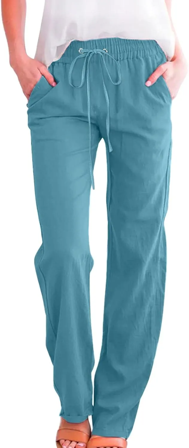 Womens Linen Pants Casual Dressy High Waist Wide Leg Pants Plain Womens Palazzo Pants Straight Leg Lounge Trousers