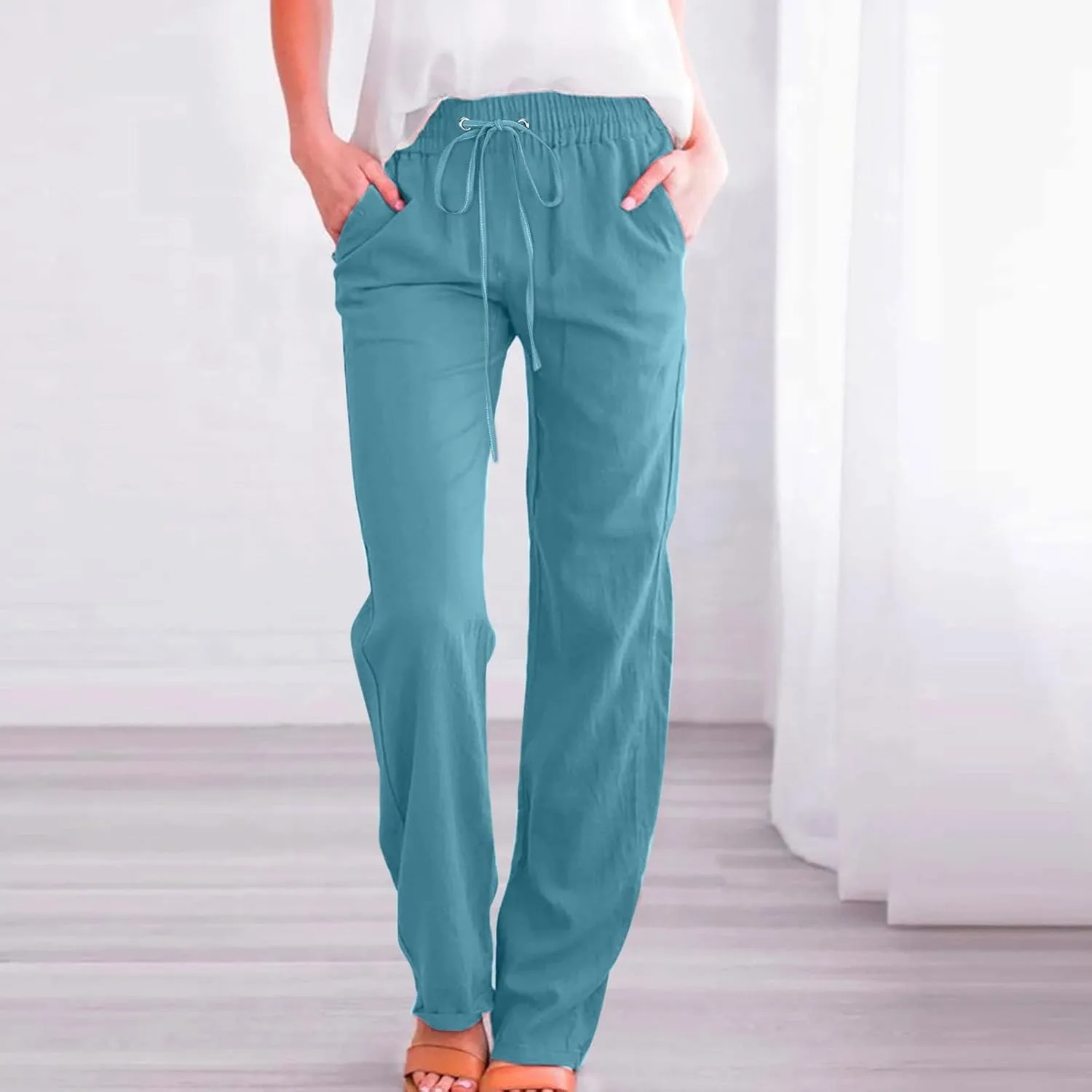 Womens Linen Pants Casual Dressy High Waist Wide Leg Pants Plain Womens Palazzo Pants Straight Leg Lounge Trousers