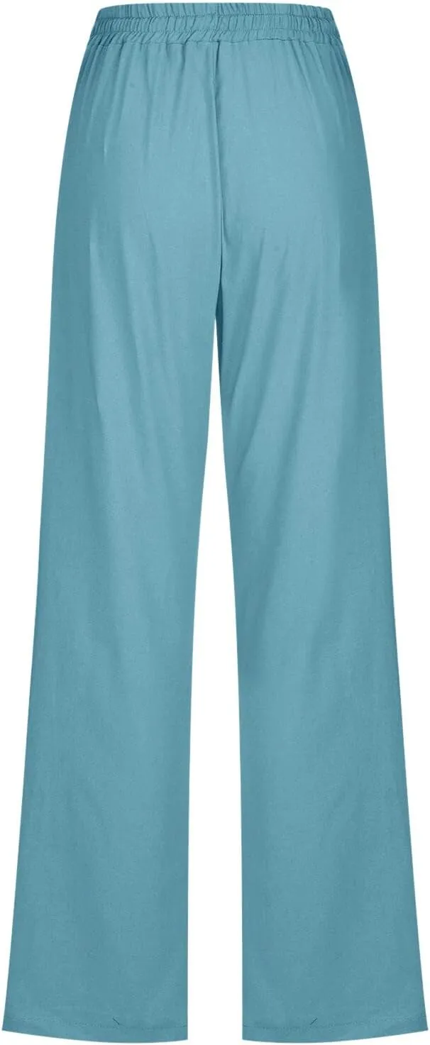 Womens Linen Pants Casual Dressy High Waist Wide Leg Pants Plain Womens Palazzo Pants Straight Leg Lounge Trousers