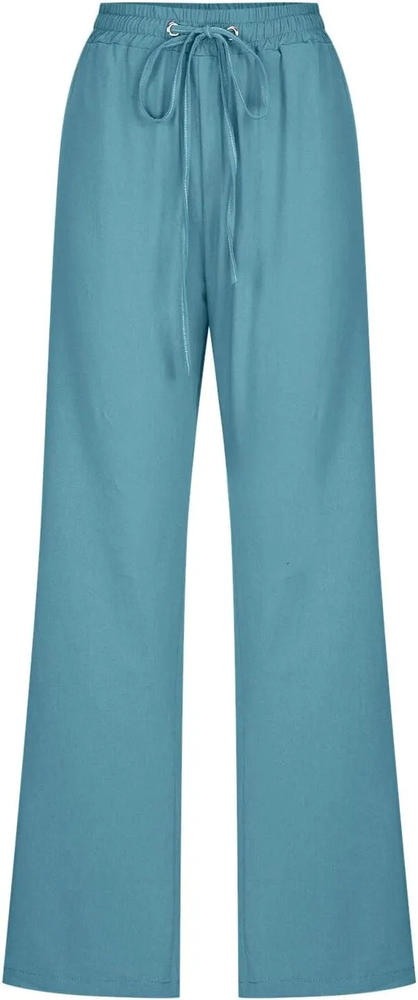 Womens Linen Pants Casual Dressy High Waist Wide Leg Pants Plain Womens Palazzo Pants Straight Leg Lounge Trousers