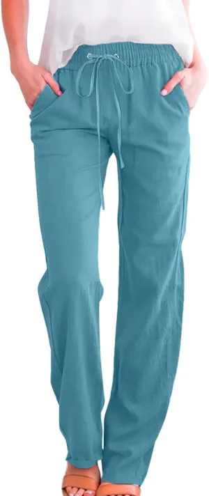 Womens Linen Pants Casual Dressy High Waist Wide Leg Pants Plain Womens Palazzo Pants Straight Leg Lounge Trousers