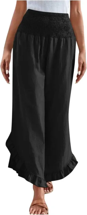 Womens Linen Pants Summer High Waist Ruffle Hem Bohemia Flowy Wide Leg Palazzo Trousers Beach Vacation Clothes