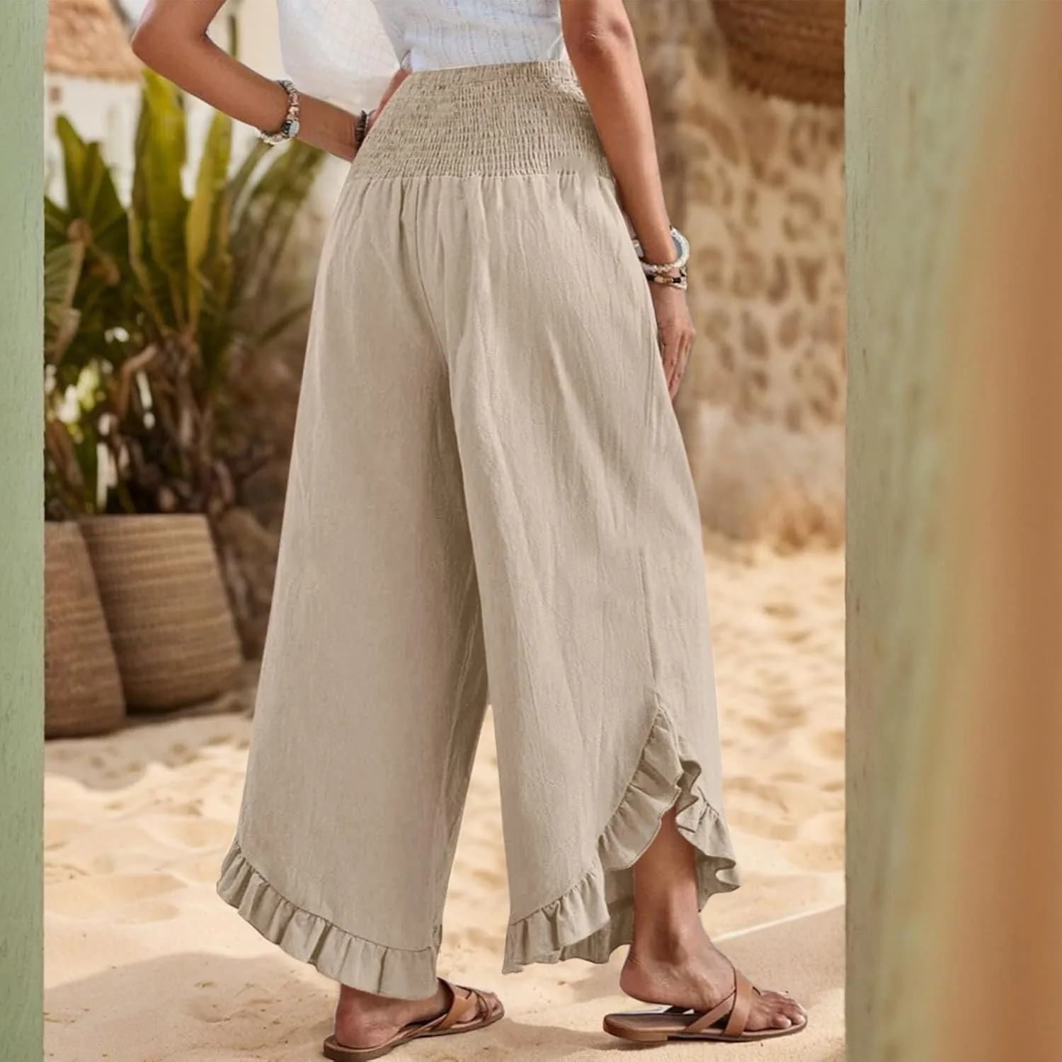 Womens Linen Pants Summer Wide Leg Smocked Waist Ruffle Hem Palazzo Pants Boho Flowy Beach Casual Trousers with Pockets