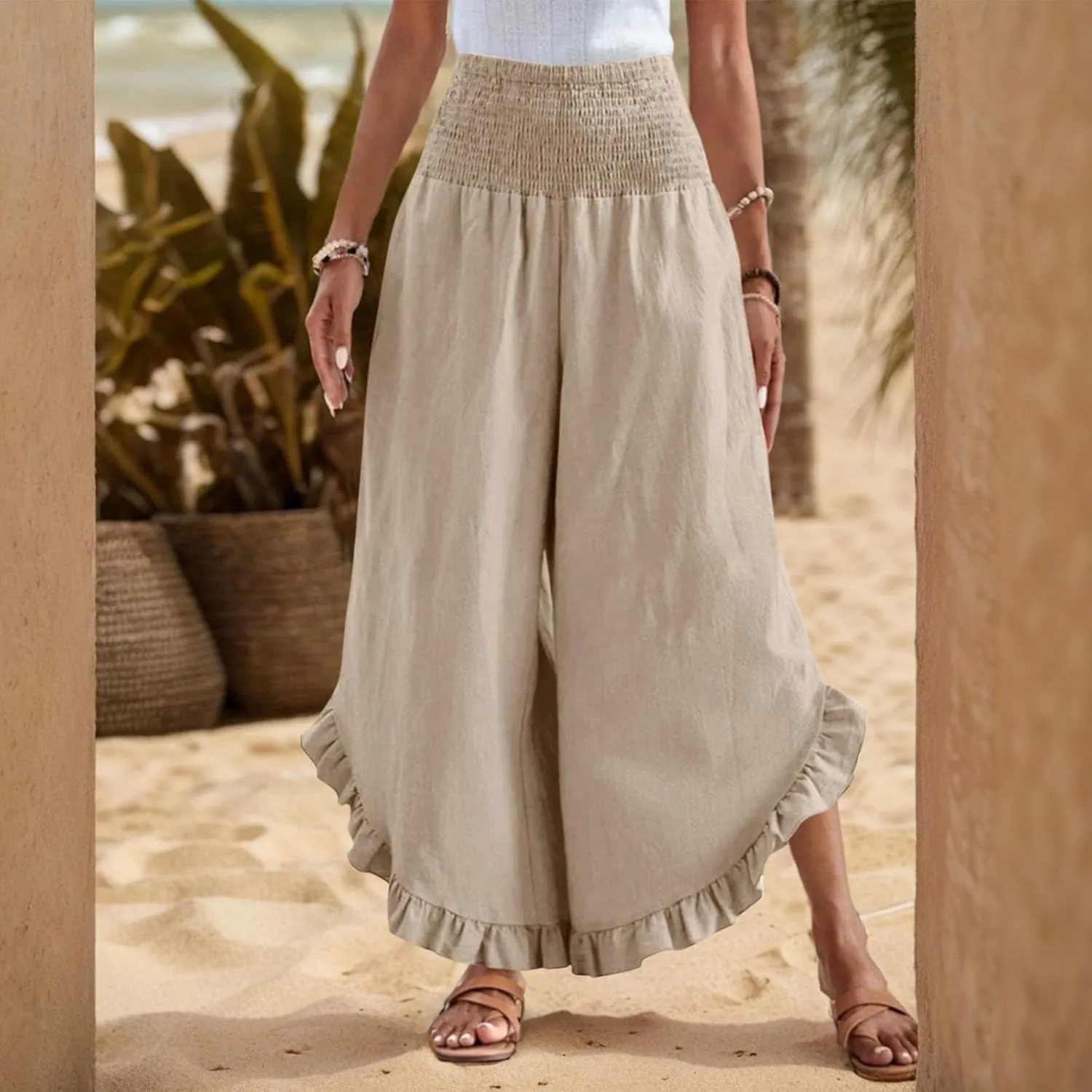 Womens Linen Pants Summer Wide Leg Smocked Waist Ruffle Hem Palazzo Pants Boho Flowy Beach Casual Trousers with Pockets