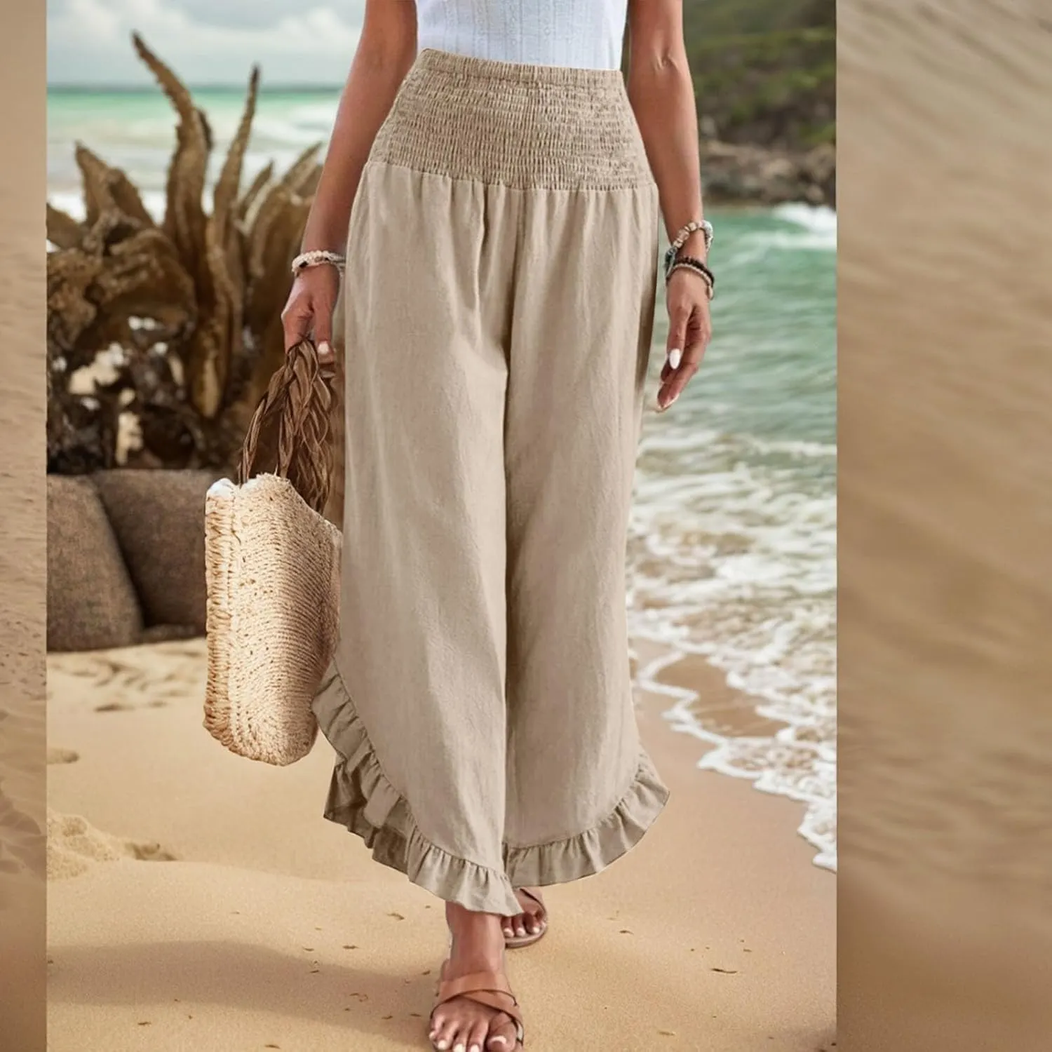 Womens Linen Pants Summer Wide Leg Smocked Waist Ruffle Hem Palazzo Pants Boho Flowy Beach Casual Trousers with Pockets