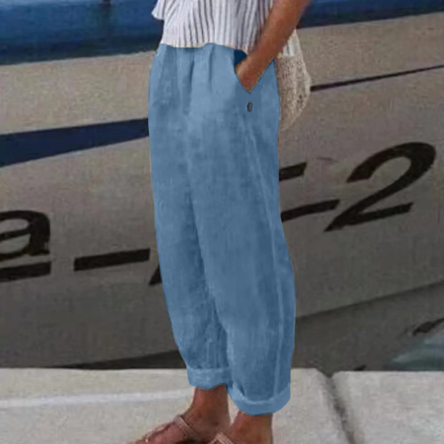 Womens Linen Summer Solid Pant Trousers High Waist Bootcut Loose Fit Pants Business Work