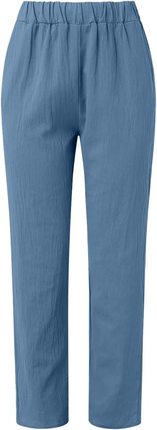 Womens Linen Summer Solid Pant Trousers High Waist Bootcut Loose Fit Pants Business Work