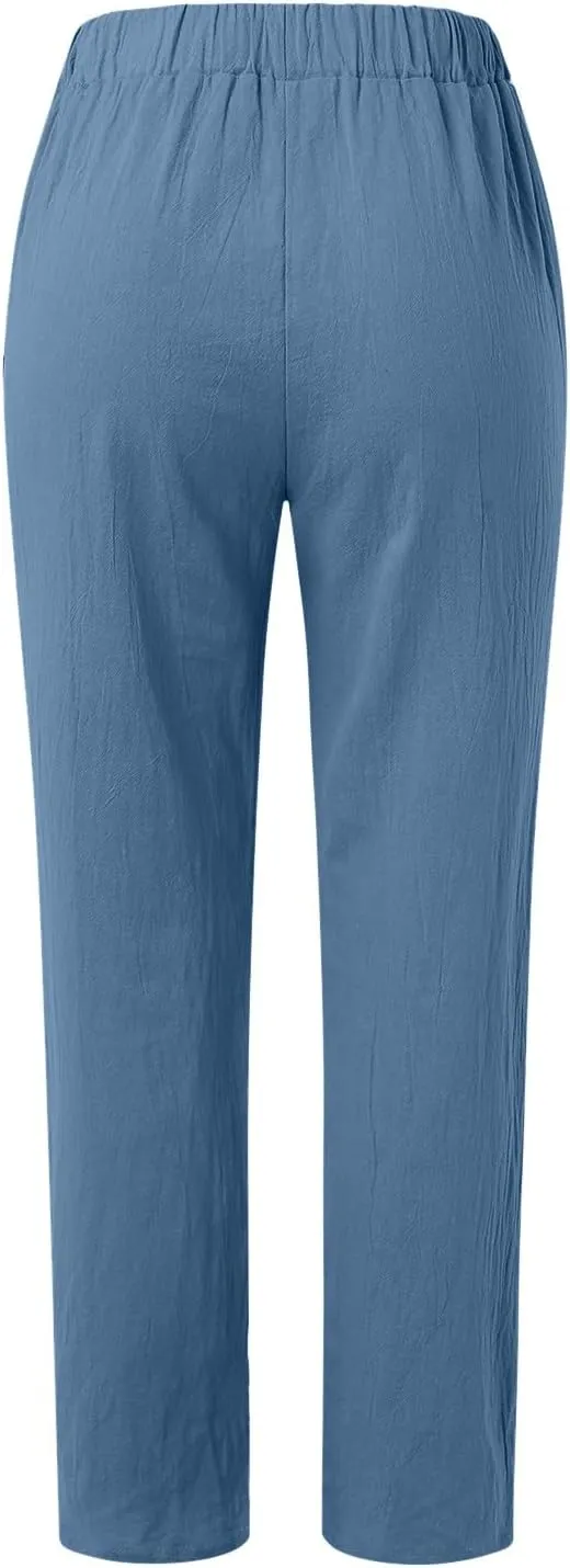 Womens Linen Summer Solid Pant Trousers High Waist Bootcut Loose Fit Pants Business Work