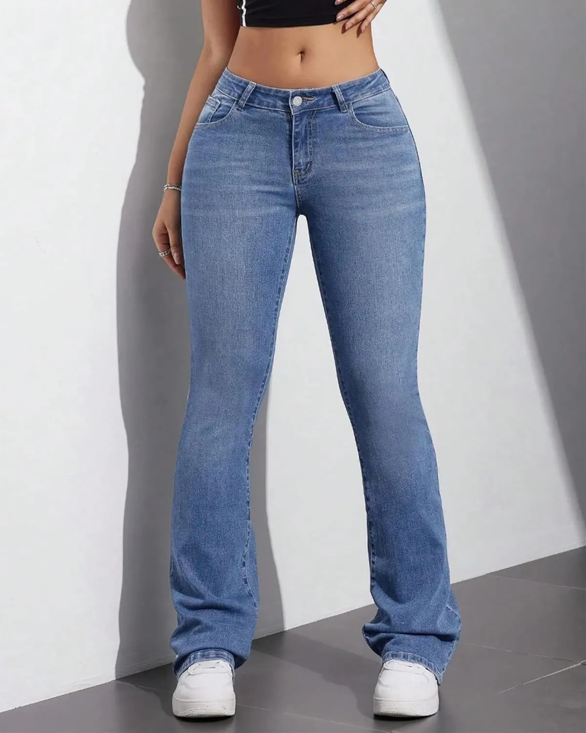 Womens Low Waisted Stretchy Flare Jeans Causal Bootcut Denim Pants Jean.