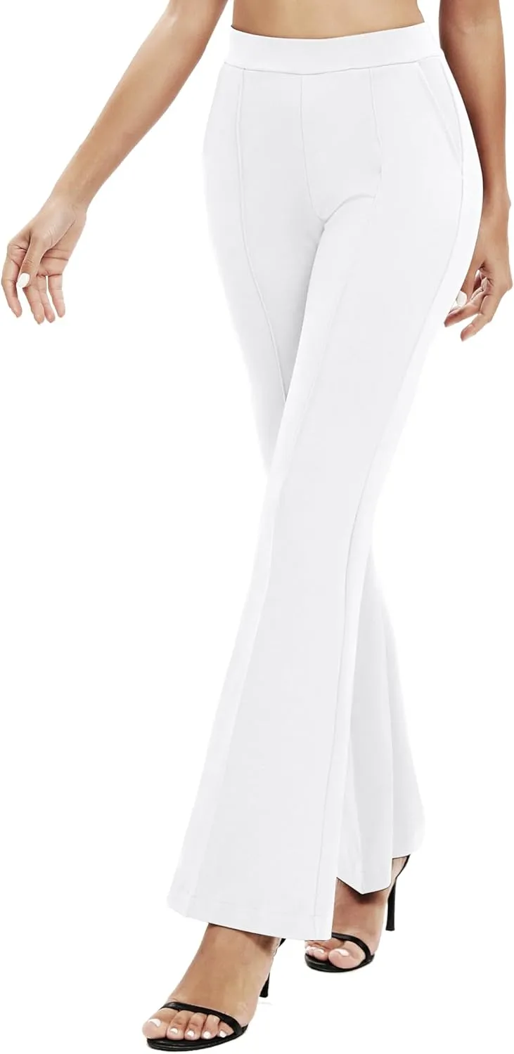 Women's Office Flared Leg Casual Yoga Pants Elastic High Waist Trousers with Pockets