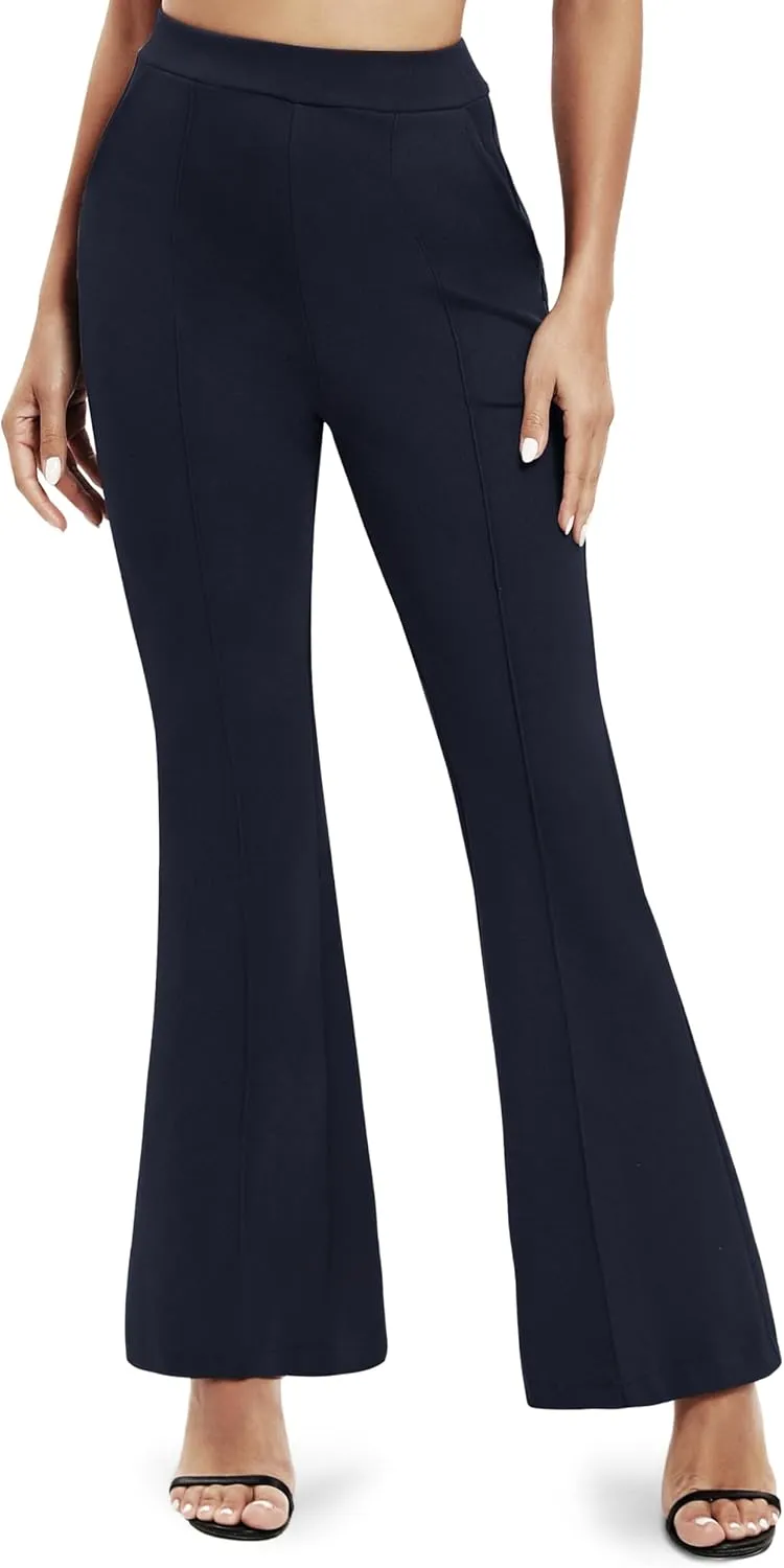 Women's Office Flared Leg Casual Yoga Pants Elastic High Waist Trousers with Pockets