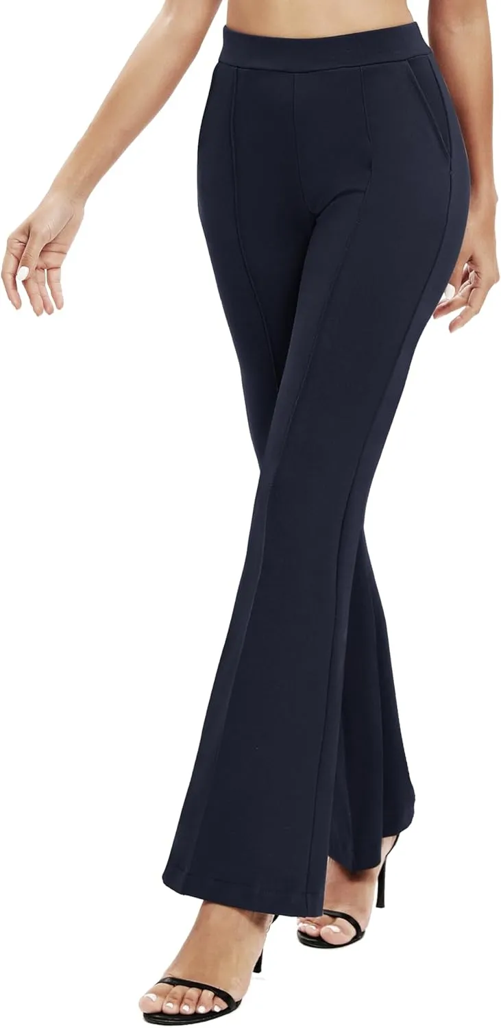 Women's Office Flared Leg Casual Yoga Pants Elastic High Waist Trousers with Pockets