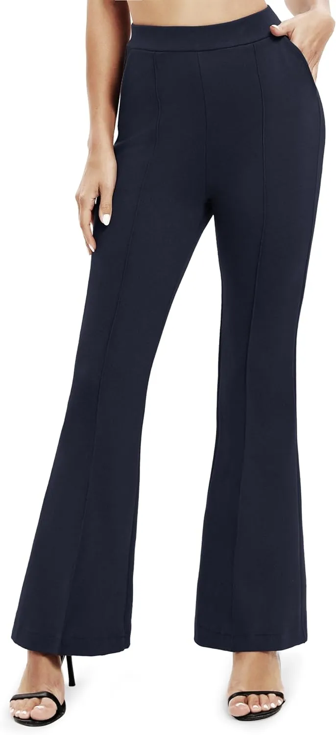 Women's Office Flared Leg Casual Yoga Pants Elastic High Waist Trousers with Pockets