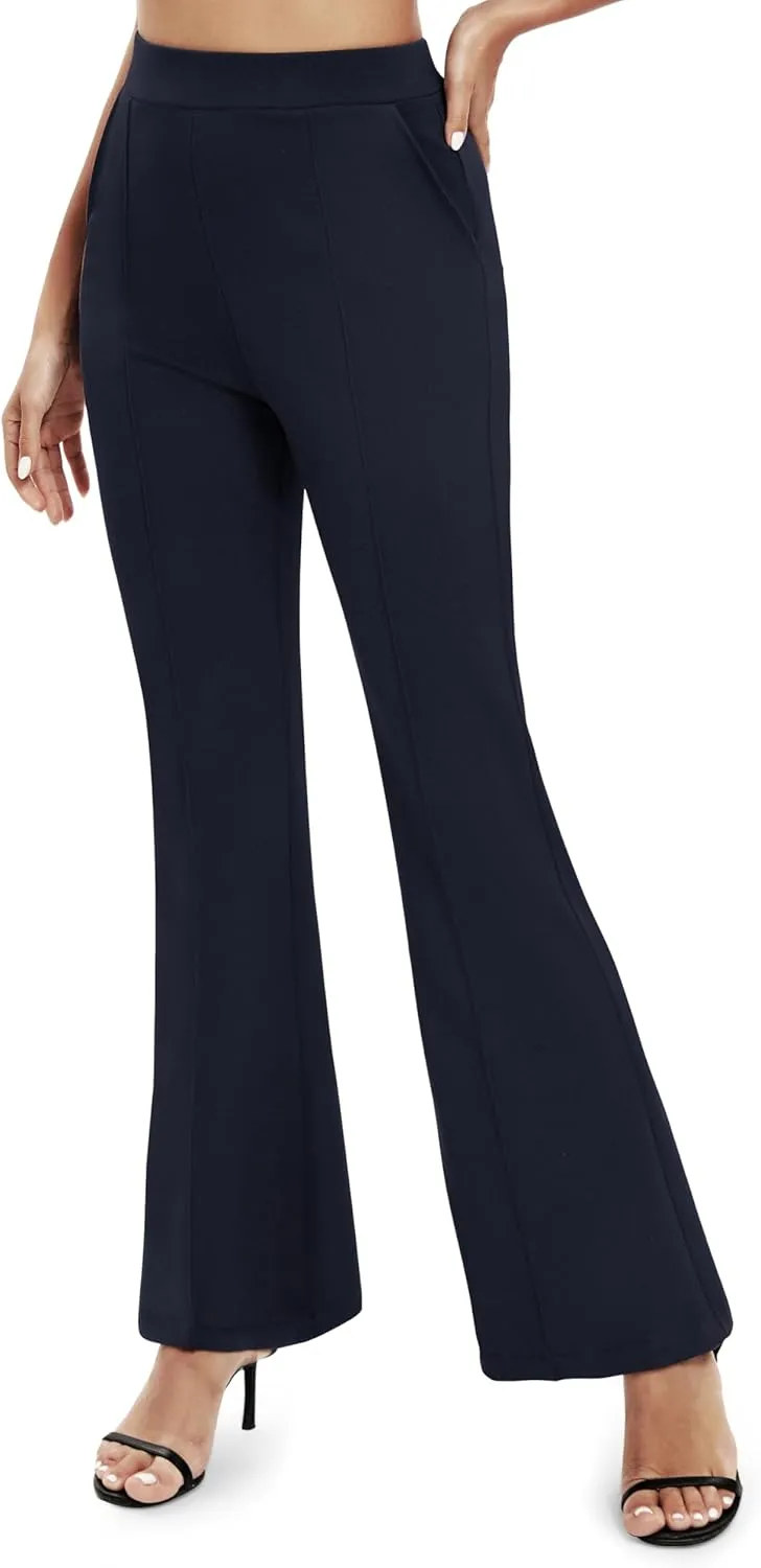 Women's Office Flared Leg Casual Yoga Pants Elastic High Waist Trousers with Pockets
