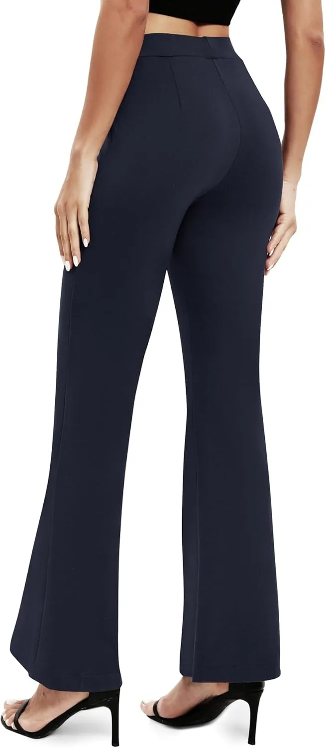 Women's Office Flared Leg Casual Yoga Pants Elastic High Waist Trousers with Pockets