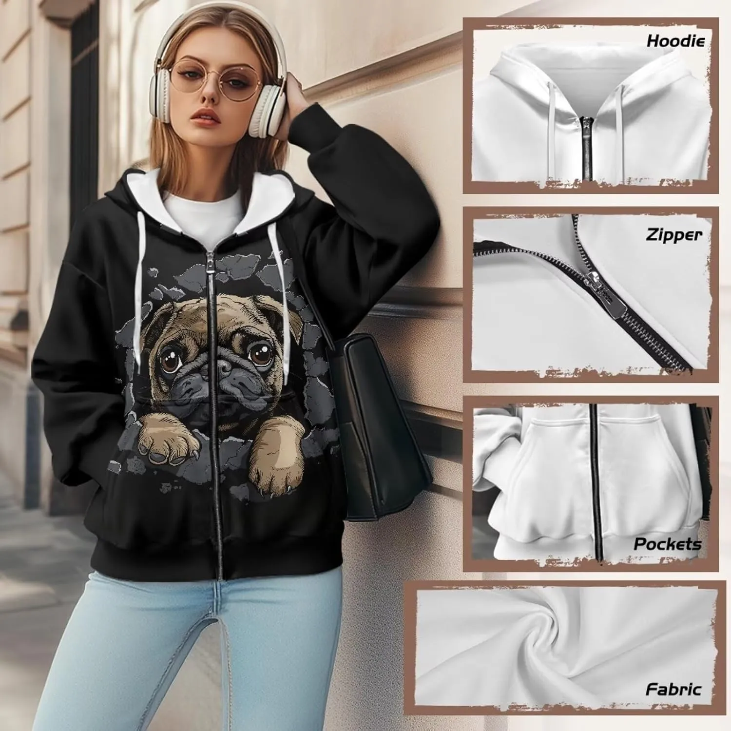 Women's Oversized Hoodies with Zipper Lightweight Fashion Full Zip Up Sweatshirts Jacket Outfit with Pockets