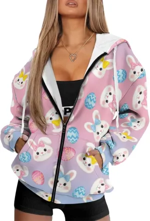 Women's Oversized Hoodies with Zipper Lightweight Fashion Full Zip Up Sweatshirts Jacket Outfit with Pockets
